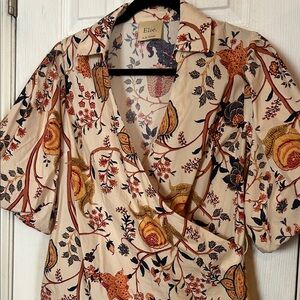 Elie Tahari Cream Floral Wrap Blouse with Mustard and Rust Accents